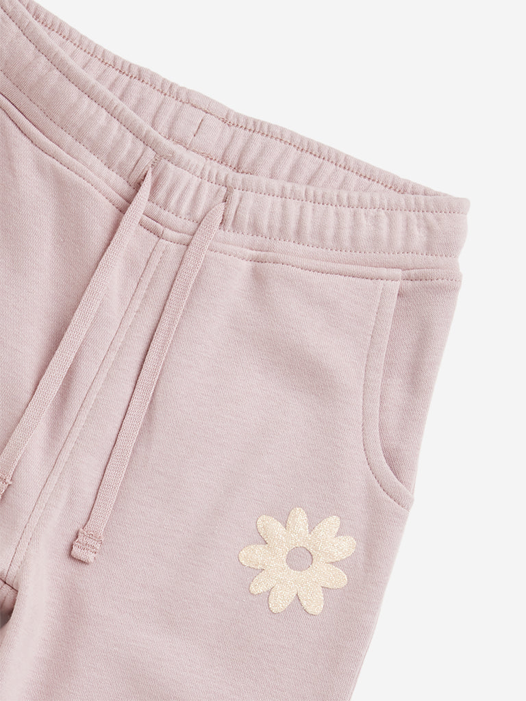 HOP Kids Dusty Pink Floral Design High-Rise Cotton Blend Joggers