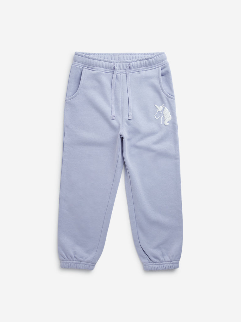 HOP Kids Lilac Unicorn Design High-Rise Cotton Blend Joggers