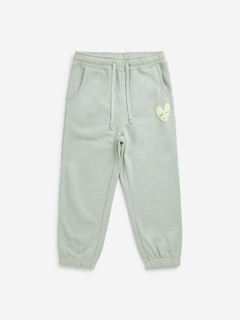 HOP Kids Sage Heart Design High-Rise Cotton Blend Joggers