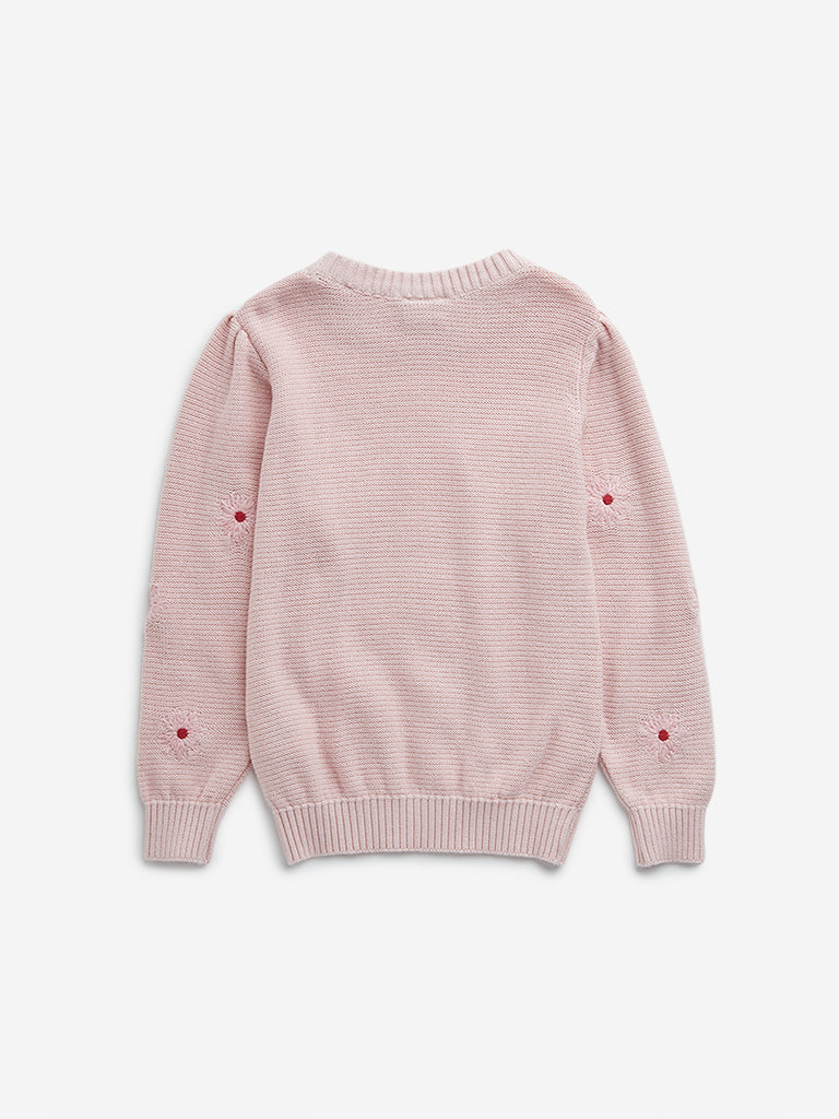 HOP Kids Pink Floral Embroidered Cotton Sweater