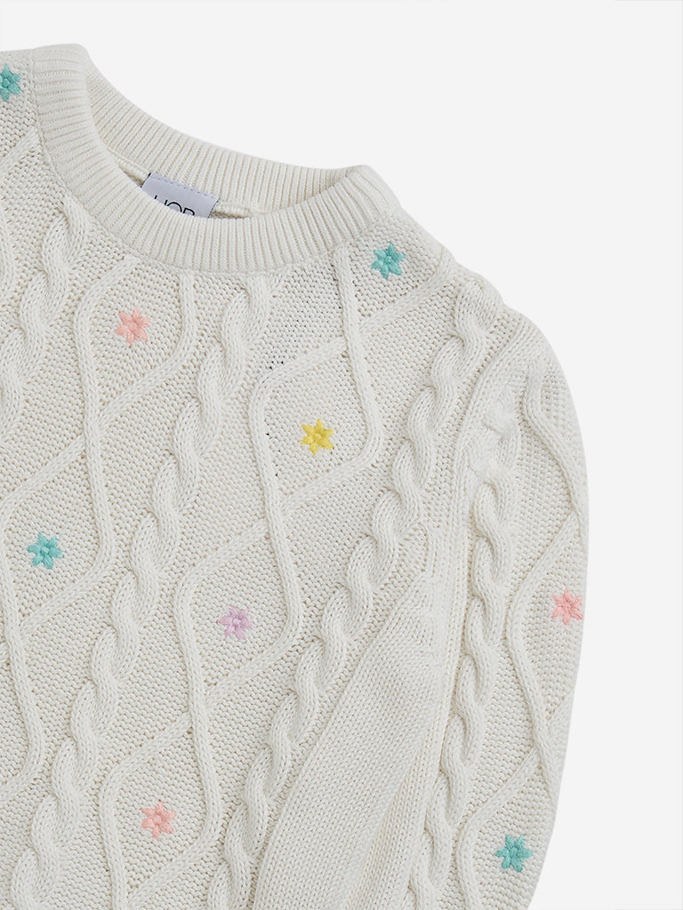 HOP Kids Off-White Knit-Textured Cotton Sweater