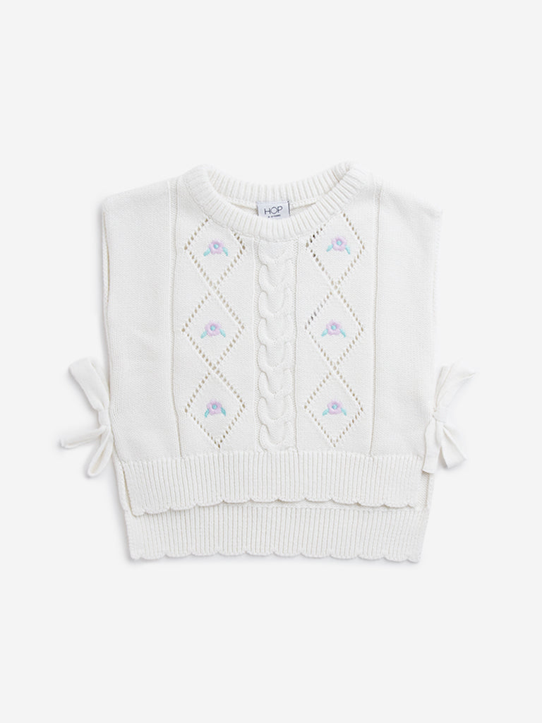 HOP Kids Off-White Embroidered Knitted Cotton Sweater