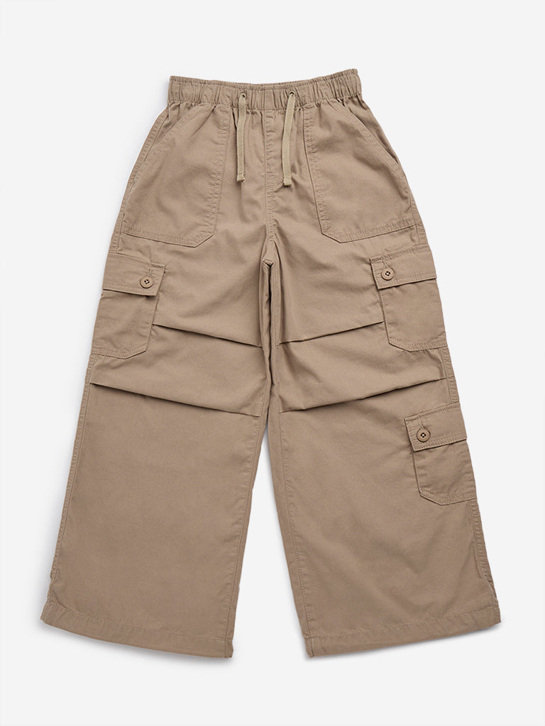 Y&F Kids Beige Cargo-Style Mid-Rise Cotton Trousers