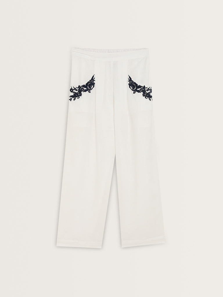 Bombay Paisley White Floral Cotton Blend High-Rise Pants