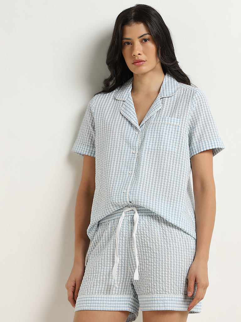 Wunderlove Light Blue Checked Cotton Shirt with Shorts Set