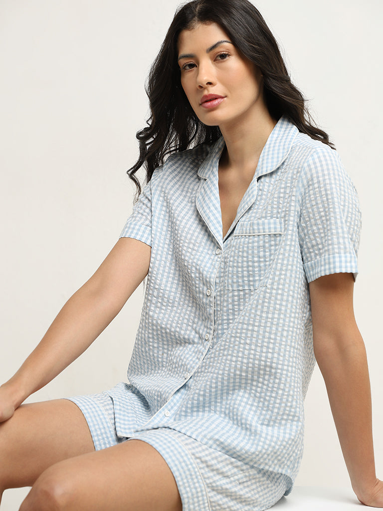 Wunderlove Light Blue Checked Cotton Shirt with Shorts Set