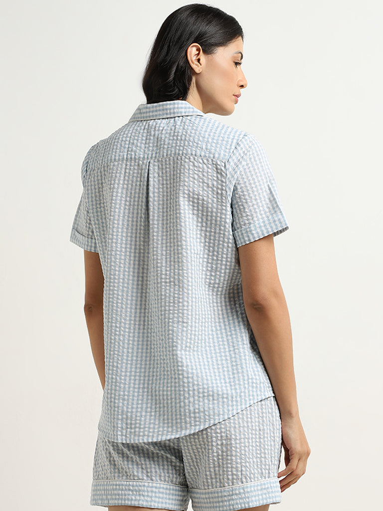 Wunderlove Light Blue Checked Cotton Shirt with Shorts Set