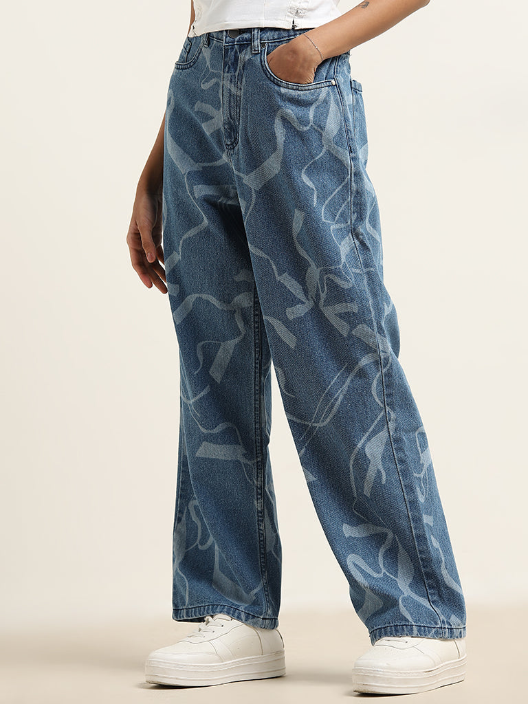 Nuon Blue Abstract Print High - Rise Relaxed - Fit Jeans