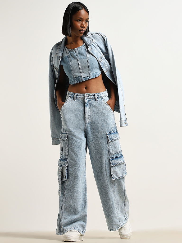 Nuon Light Blue Cargo-Style Low - Rise Relaxed - Fit Jeans