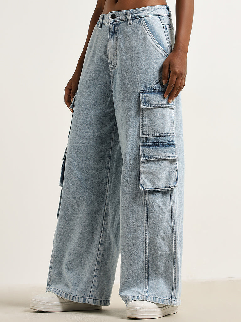 Nuon Light Blue Cargo-Style Low - Rise Relaxed - Fit Jeans