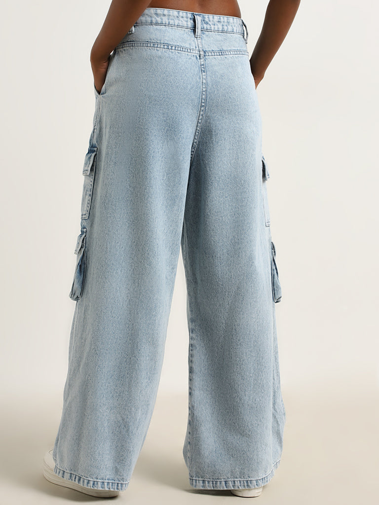 Nuon Light Blue Cargo-Style Low - Rise Relaxed - Fit Jeans