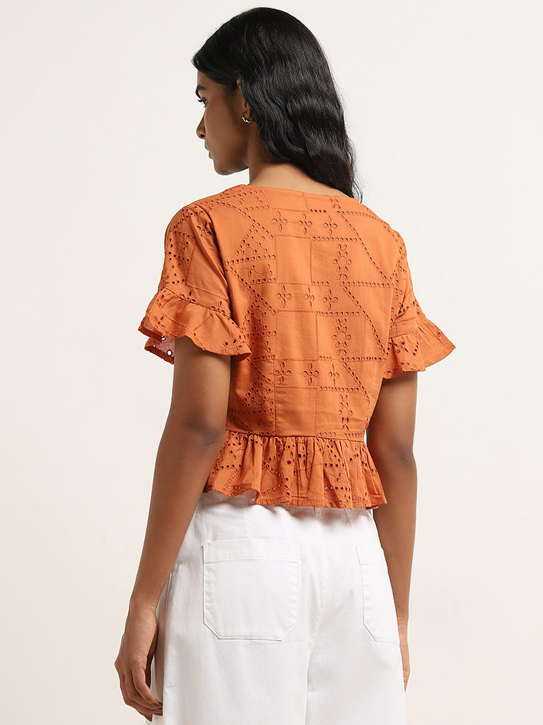 LOV Rust Schiffli Design Cotton Top