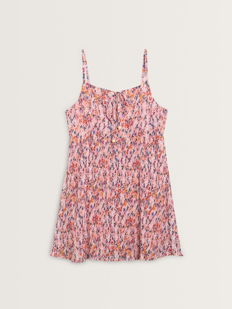 Nuon Pink Floral Pleated A-Line Dress