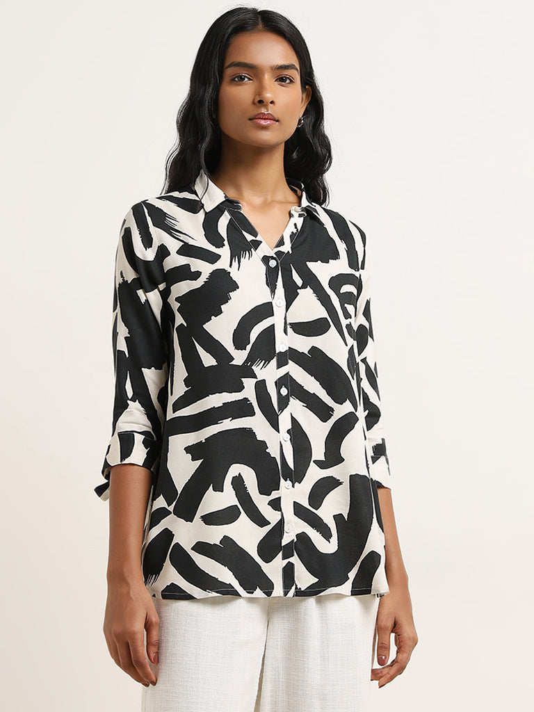 LOV Black Abstract Printed Shirt