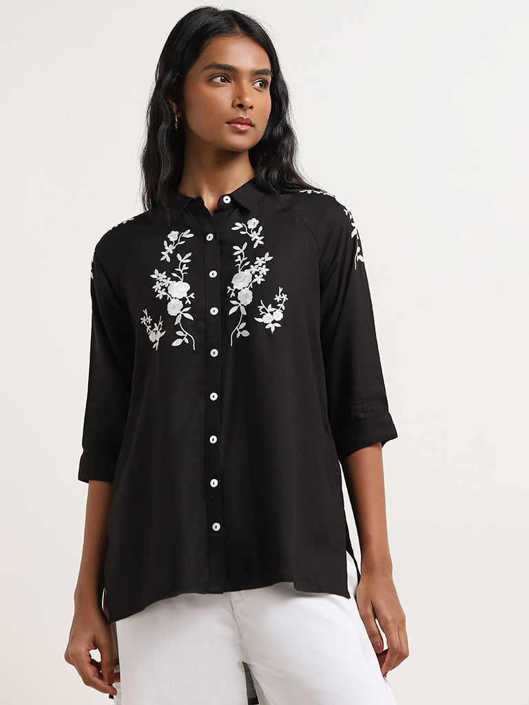 LOV Black Floral Embroidered High-Low Shirt