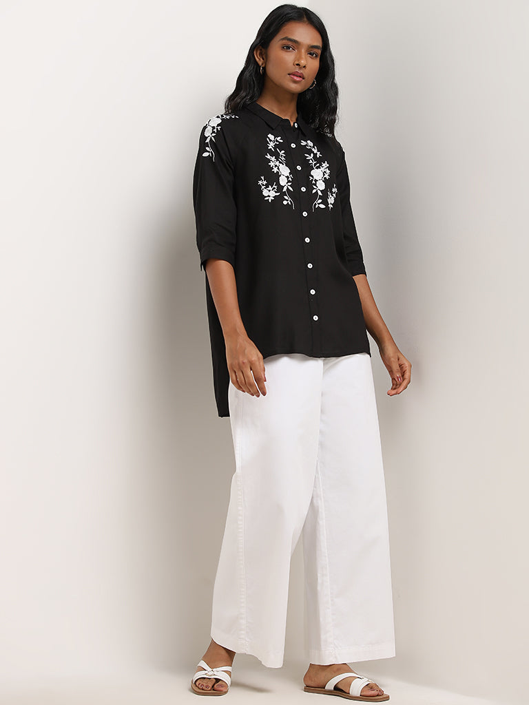 LOV Black Floral Embroidered High-Low Shirt