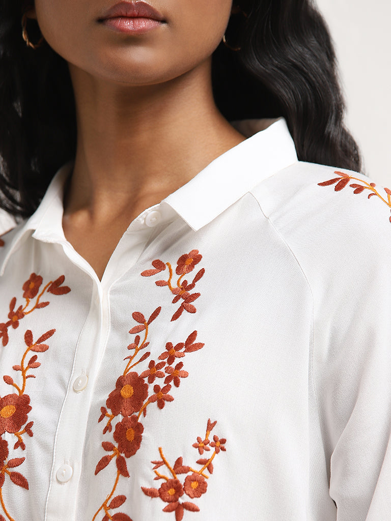 LOV White Floral Embroidered High-Low Shirt