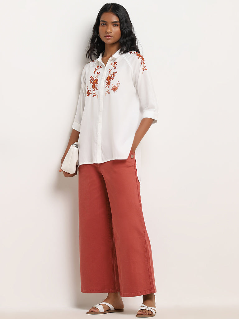 LOV White Floral Embroidered High-Low Shirt