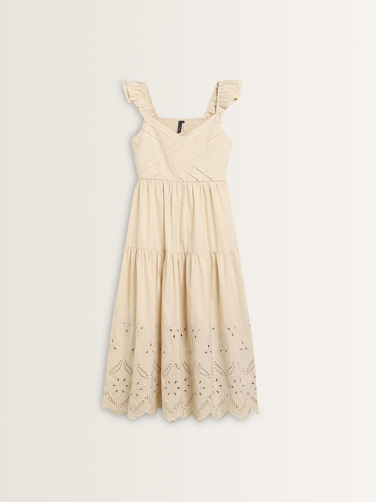 LOV Beige Schiffli Design Tiered Cotton Dress