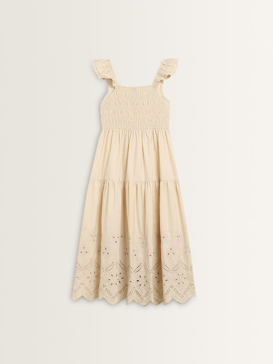 LOV Beige Schiffli Design Tiered Cotton Dress