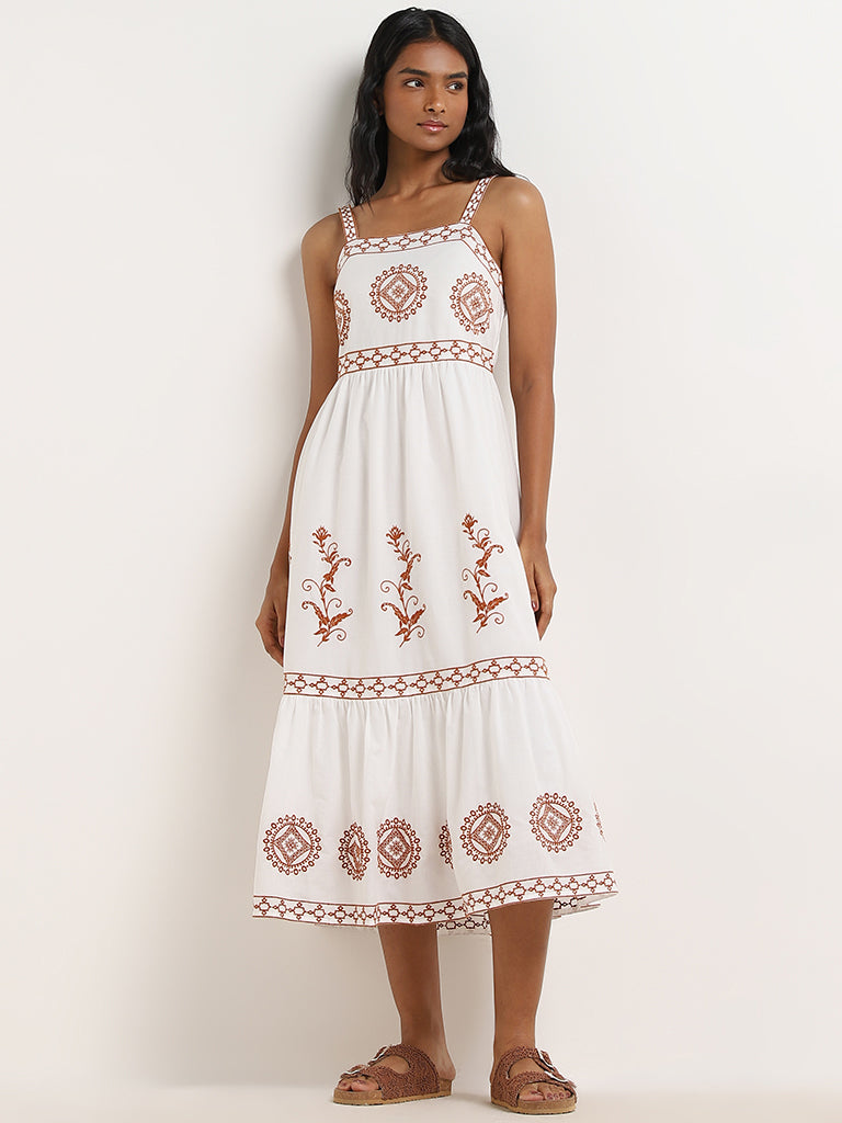 Buy LOV Off-White Embroidered Tiered Cotton Dress from Westside