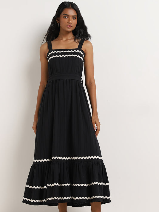 LOV Black Embroidered Tiered Cotton Dress with Belt