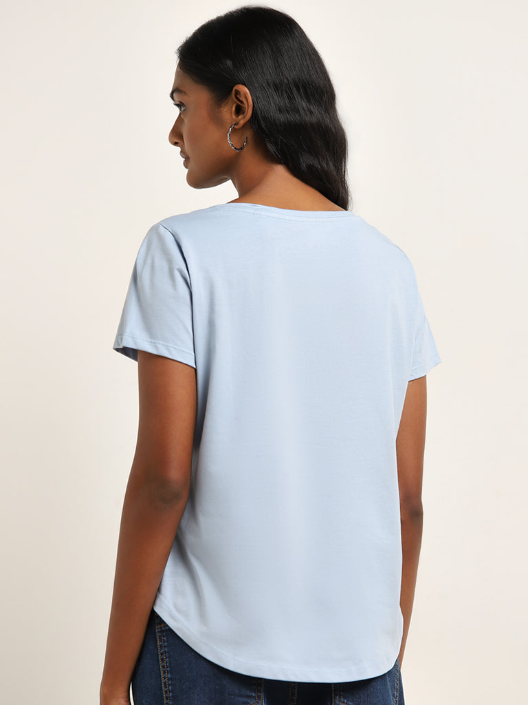 LOV Light Blue Text Design Cotton T-Shirt