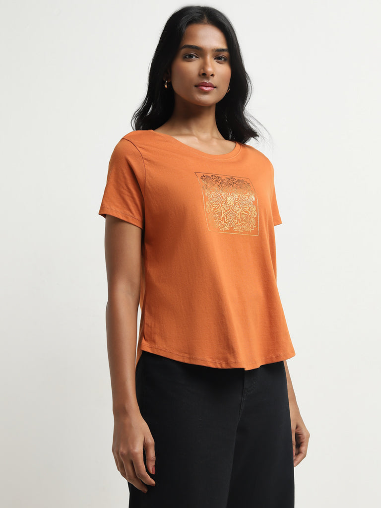 LOV Rust Mandala Design Cotton T-Shirt