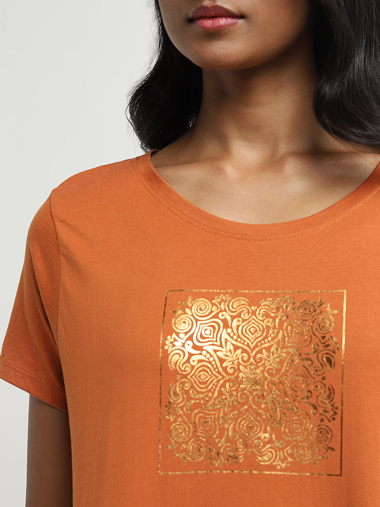 LOV Rust Mandala Design Cotton T-Shirt