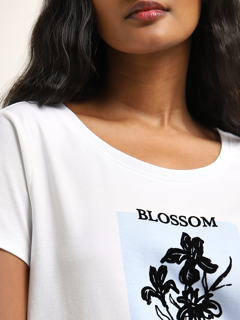 LOV White Floral Printed Cotton T-Shirt