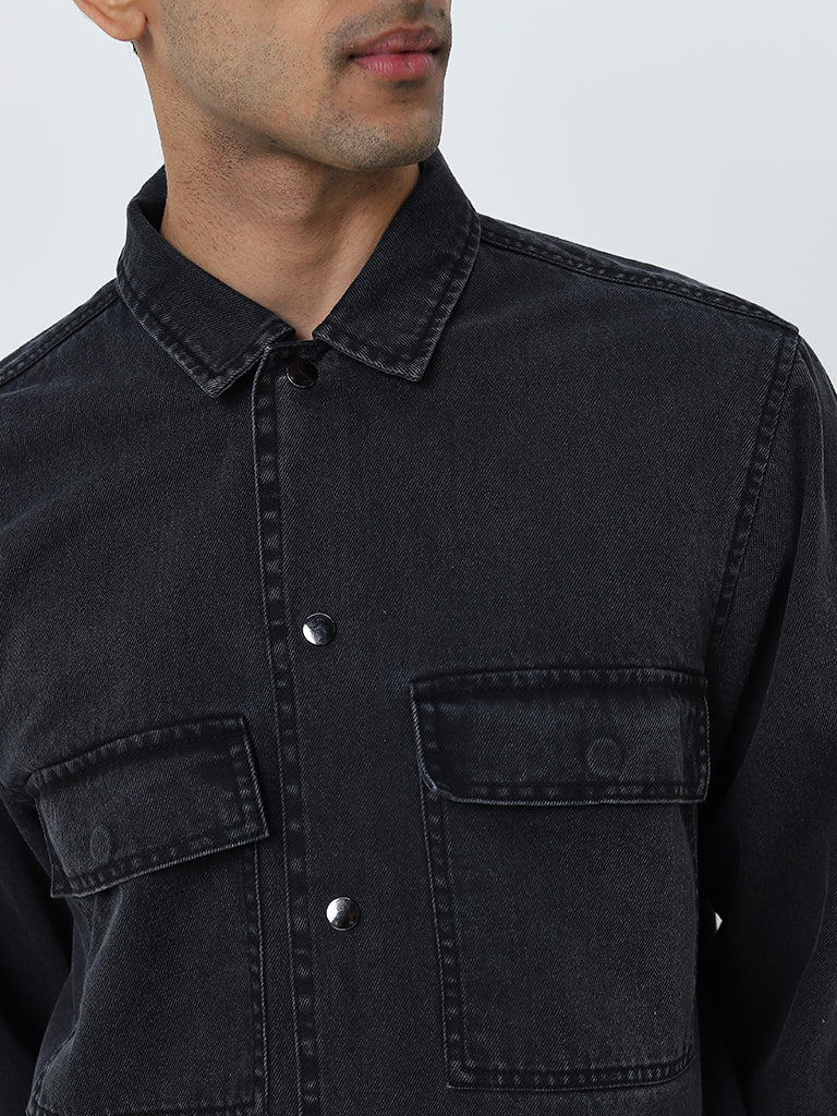 WES Casuals Charcoal Relaxed-Fit Denim Jacket