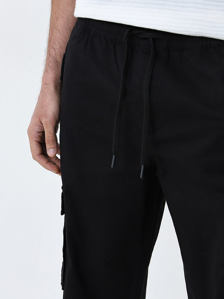 WES Casuals Black Relaxed-Fit Mid-Rise Cotton Blend Chinos