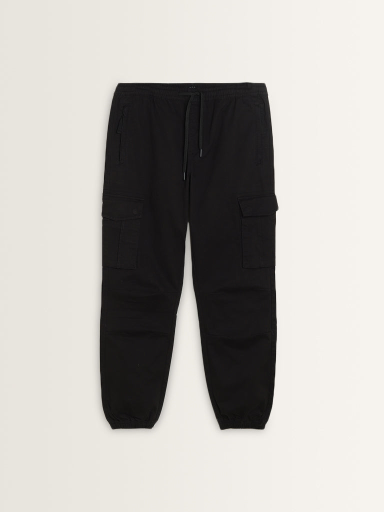 WES Casuals Black Relaxed-Fit Mid-Rise Cotton Blend Chinos