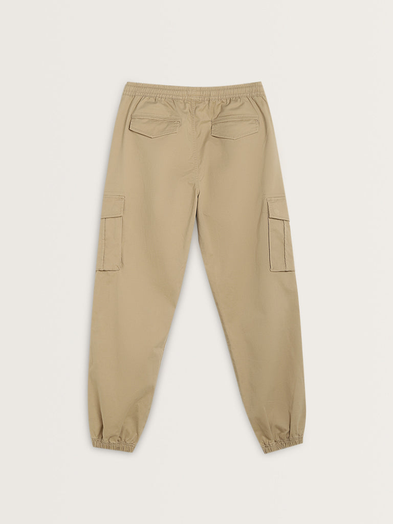 WES Casuals Beige Relaxed-Fit Mid-Rise Cotton Blend Pants