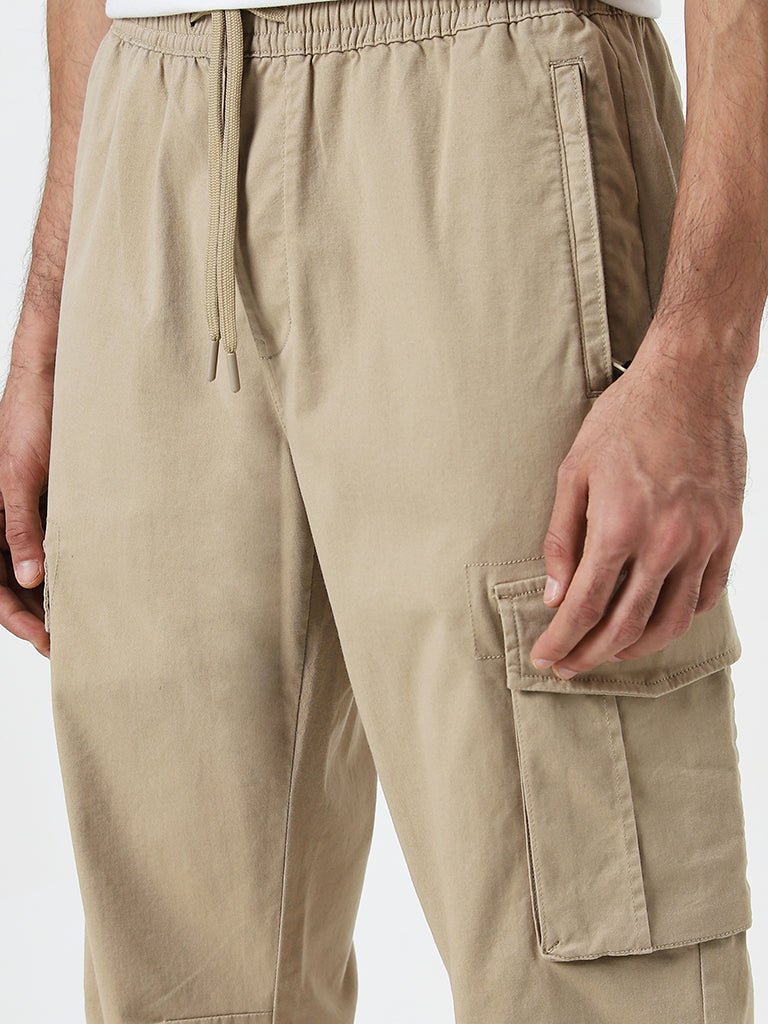 WES Casuals Beige Relaxed-Fit Mid-Rise Cotton Blend Pants