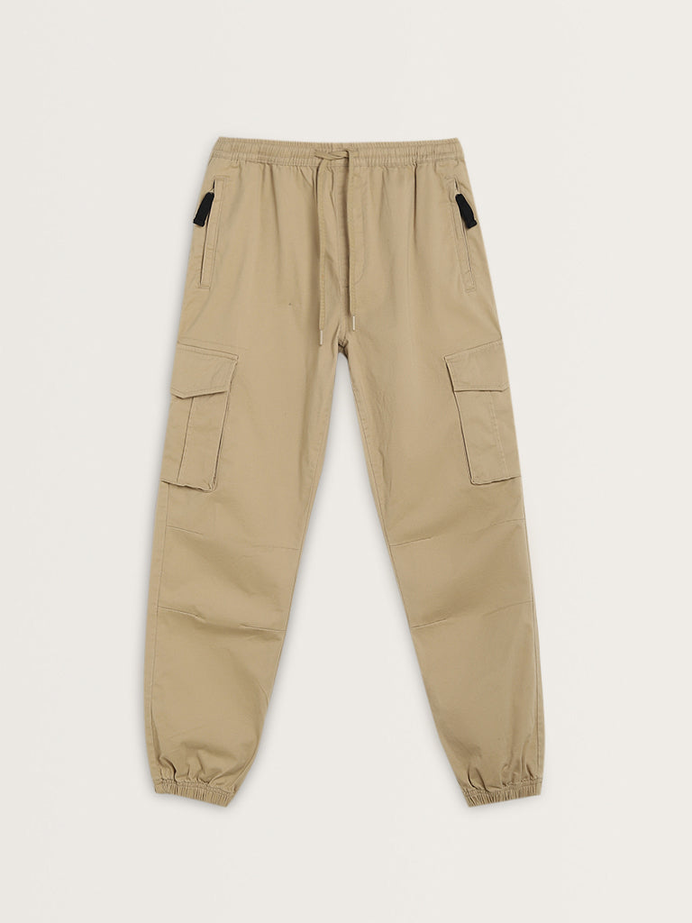 WES Casuals Beige Relaxed-Fit Mid-Rise Cotton Blend Pants