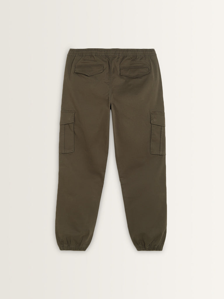 WES Casuals Olive Relaxed-Fit Mid-Rise Cotton Blend Joggers