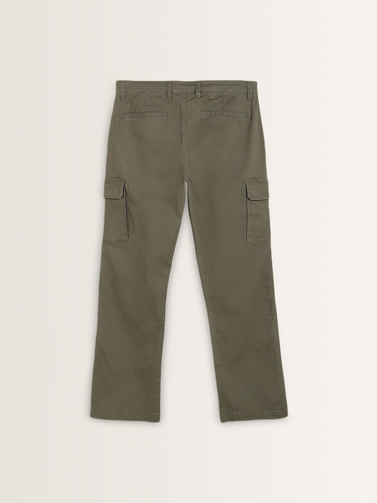 WES Casuals Olive Relaxed-Fit Mid-Rise Cotton Blend Pants