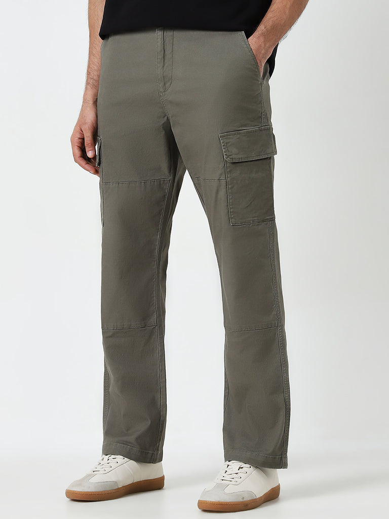 WES Casuals Olive Relaxed-Fit Mid-Rise Cotton Blend Pants