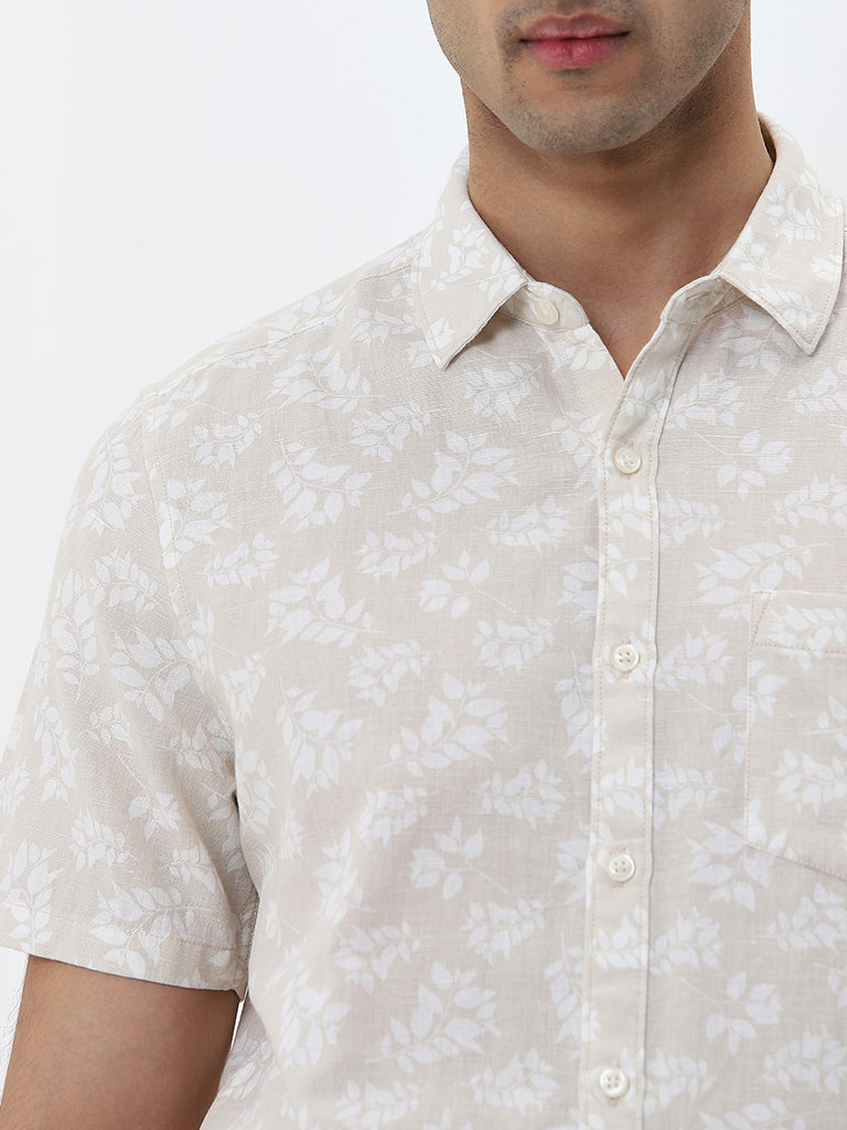 WES Casuals Beige Floral Printed Slim-Fit Shirt