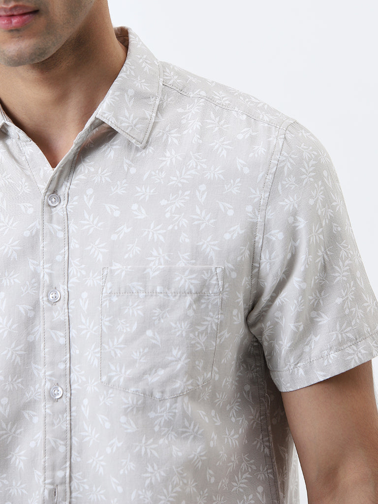 WES Casuals Light Taupe Leaf Printed Slim-Fit Shirt