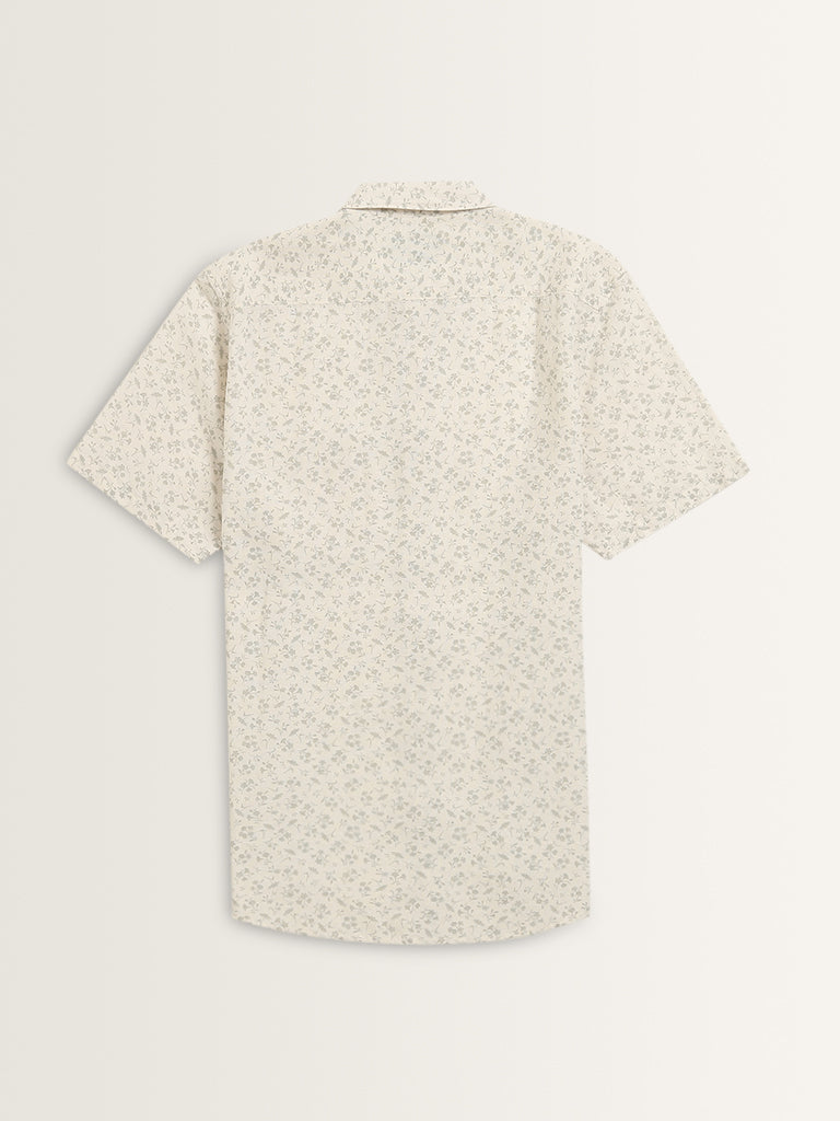 WES Casuals White Floral Design Slim-Fit Shirt