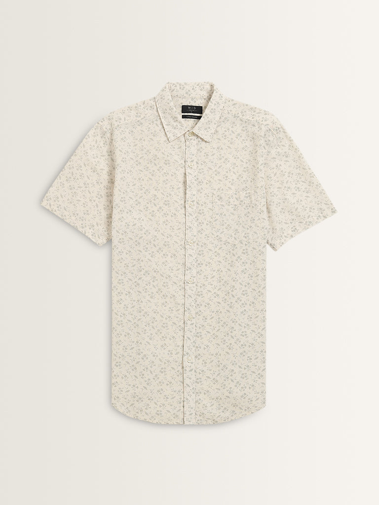 WES Casuals White Floral Design Slim-Fit Shirt