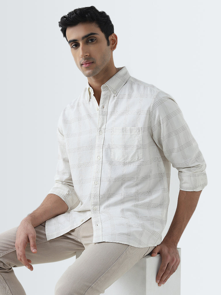 WES Casuals Off-White Checkered Relaxed-Fit Cotton Shirt