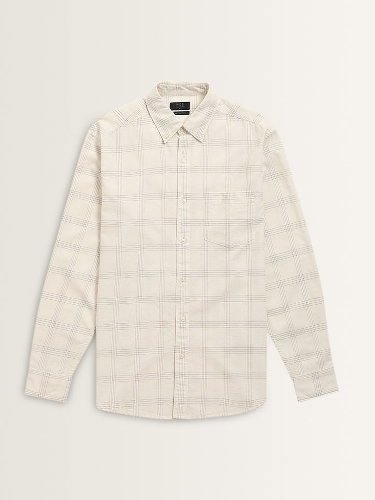 WES Casuals Off-White Checkered Relaxed-Fit Cotton Shirt