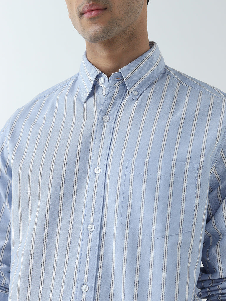 WES Casuals Blue Striped Design Relaxed-Fit Cotton Shirt