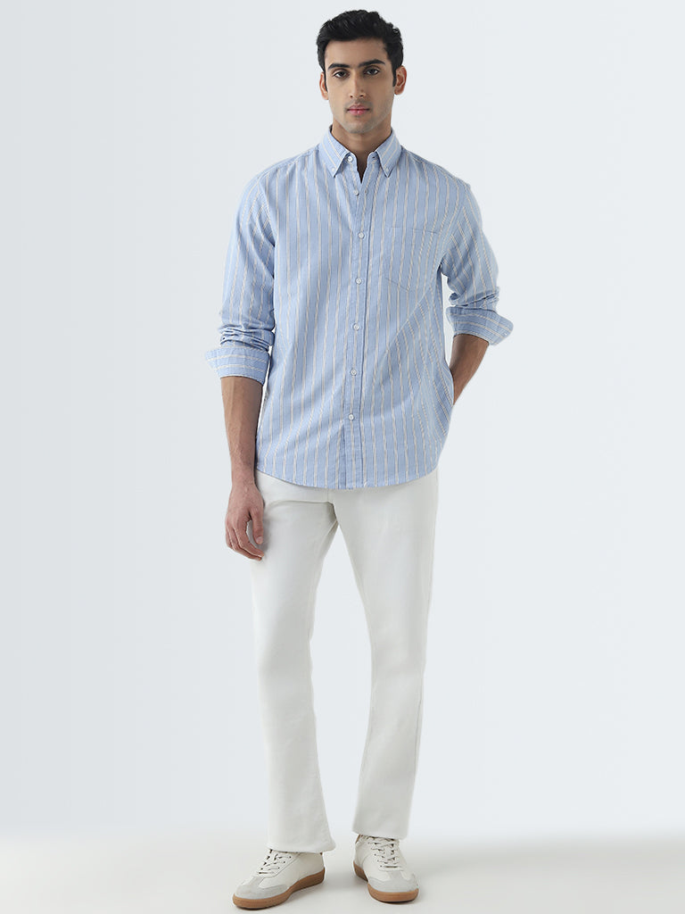 WES Casuals Blue Striped Design Relaxed-Fit Cotton Shirt