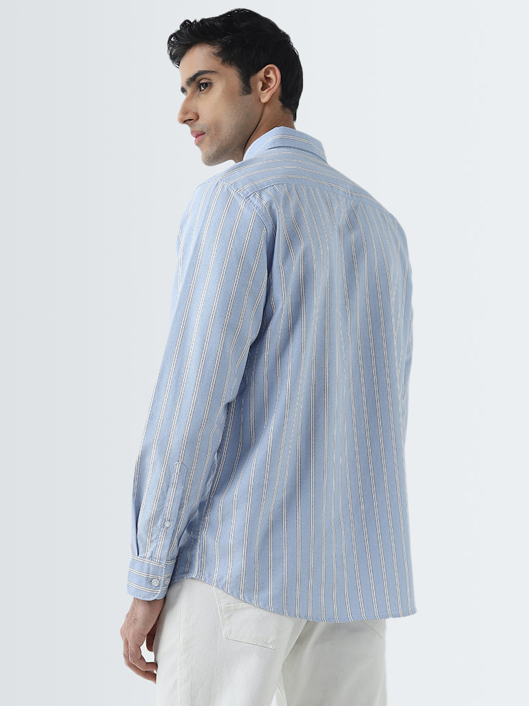 WES Casuals Blue Striped Design Relaxed-Fit Cotton Shirt