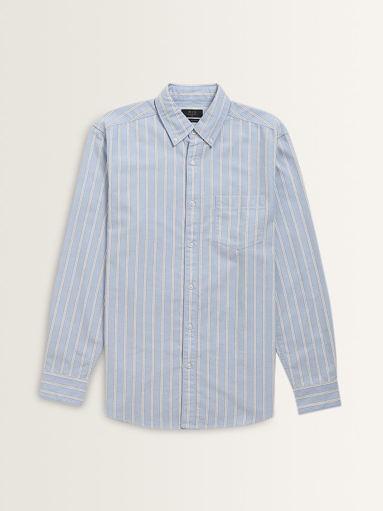 WES Casuals Blue Striped Design Relaxed-Fit Cotton Shirt