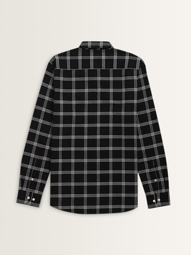 WES Casuals Black Checkered Slim-Fit Cotton Shirt